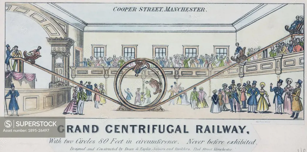 ´Grand Centrifugal Railway, Cooper Street Manchester´ , c 1850s.Engraving by Brown. The Grand Centrifugal Railway was an early rollercoaster, designed...