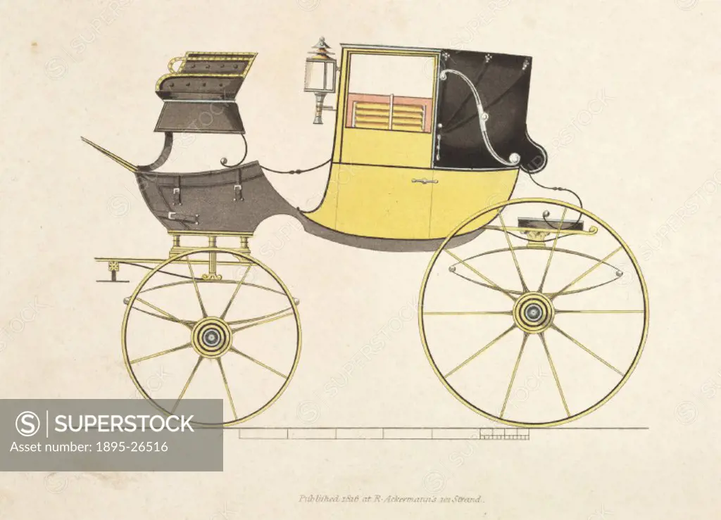 Print, one of a series of nine showing early 19th century carriages, published by R Ackermann, 101 Strand, London.