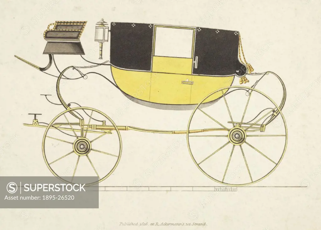 Print, one of a series of nine showing early 19th century carriages, published by R Ackermann, 101 Strand, London.