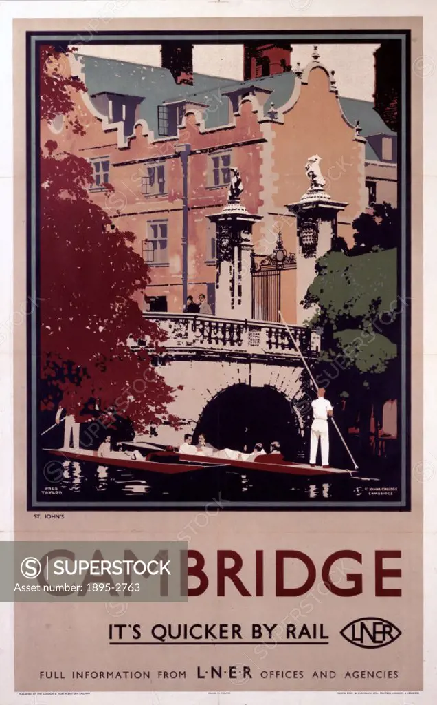 Poster produced for London & North Eastern Railway (LNER) to promote rail travel to Cambridge. Artwork by Fred Taylor (1875-1963), who was commissione...