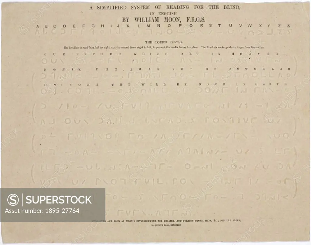 A simplified system of reading for the blind, c 1849.The alphabet and Lord´s Prayer in transliterated raised symbols, by William Moon FRGS. This examp...