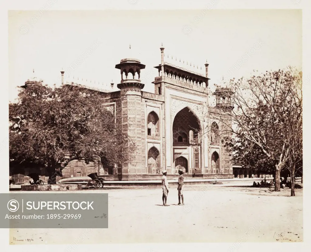 A photograph of the Taj gateway, taken by Samuel Bourne (1834-1912), in about 1865  The gateway to the Taj Mahal was completed in 1648. Made from red ...