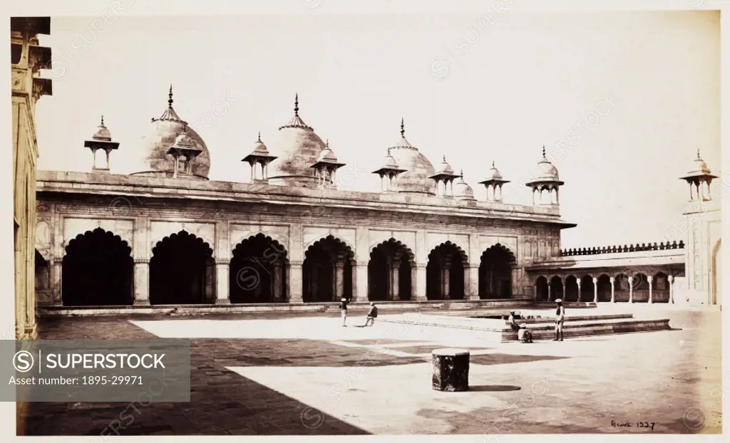 A photograph of the exterior of the Moti Masjid at Agra Fort, India, taken by Samuel Bourne (1834-1912), in about 1865.  The Moti Masjid (Pearl Mosque...