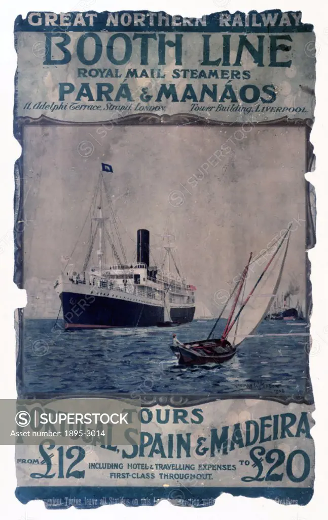 Poster produced for Great Northern Railway (GNR) to promote travel on the companys steamers and tours to Portugal, Spain and Madeira. Artwork by Norm...