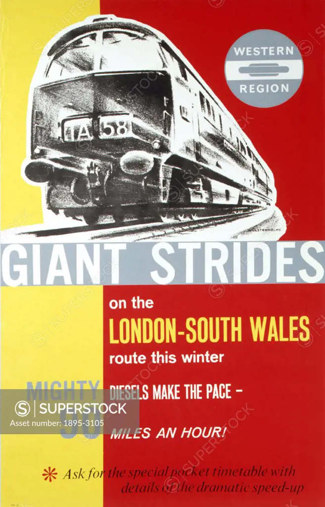 Poster produced for British Railways (BR) to promote improvements in the speed of trains on the London-South Wales route. Trains were hauled by diesel...