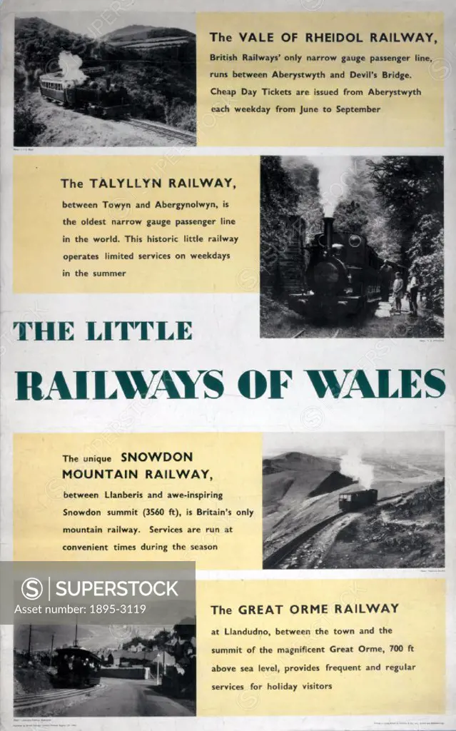 Poster produced for British Railways (BR) to promote rail travel to Wales. The poster details the Vale of Rheidol Railway, the Talyllyn Railway, Snowd...