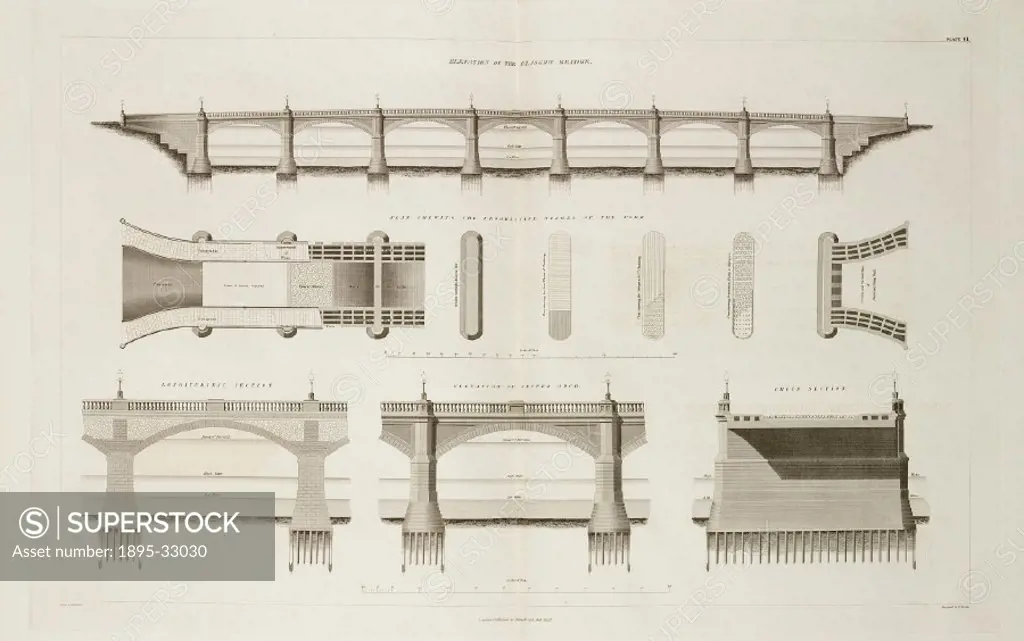 Diagram showing a side elevation of the bridge, plan showing the progressive stages of the work, longitudinal section, elevation of the centre arch, a...