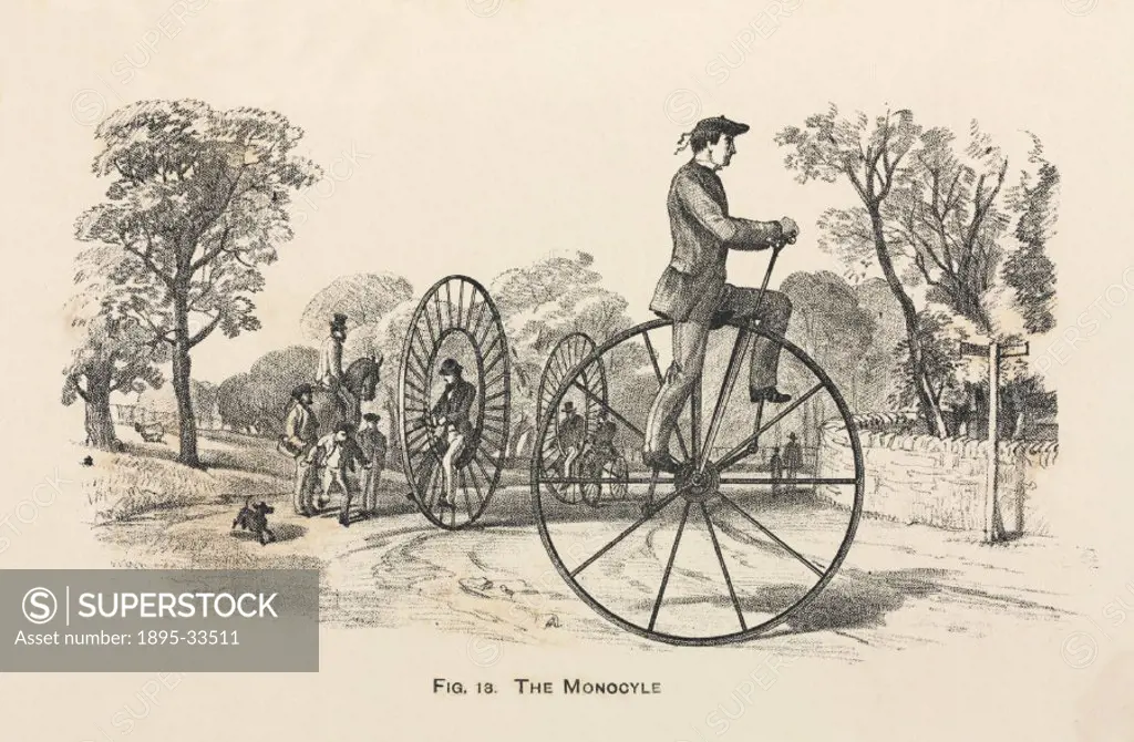 Man riding a monocyle’, (possibly a mis-spelling of monocycle). In the background are other single-wheeled vehicles. Illustration from The Velociped...