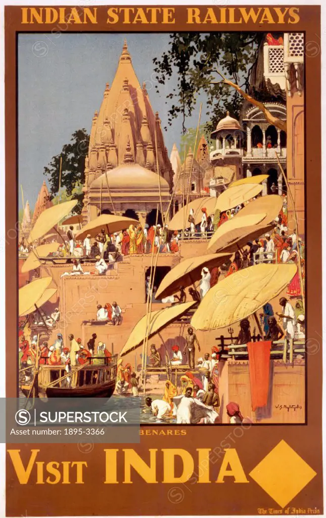 Indian State Railways poster, ´Visit India - Benares´ by William Spencer Bagdatopolos.