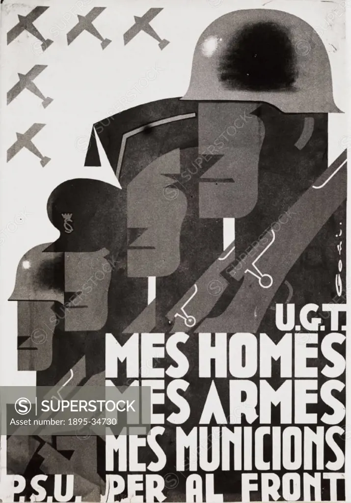 A photograph of a propaganda poster from the Spanish Civil War, taken by Tomlin for the Daily Herald newspaper in about 1936.  P.S.U. stands for Parti...