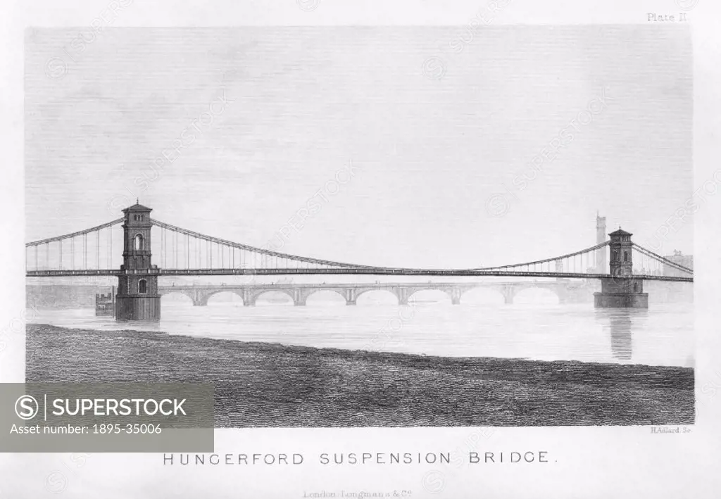 Drawing of Hungerford suspension bridge, about 1850. The bridge was built by Isambard Kingdom Brunel.   It was originally built as a pedestrian bridge...