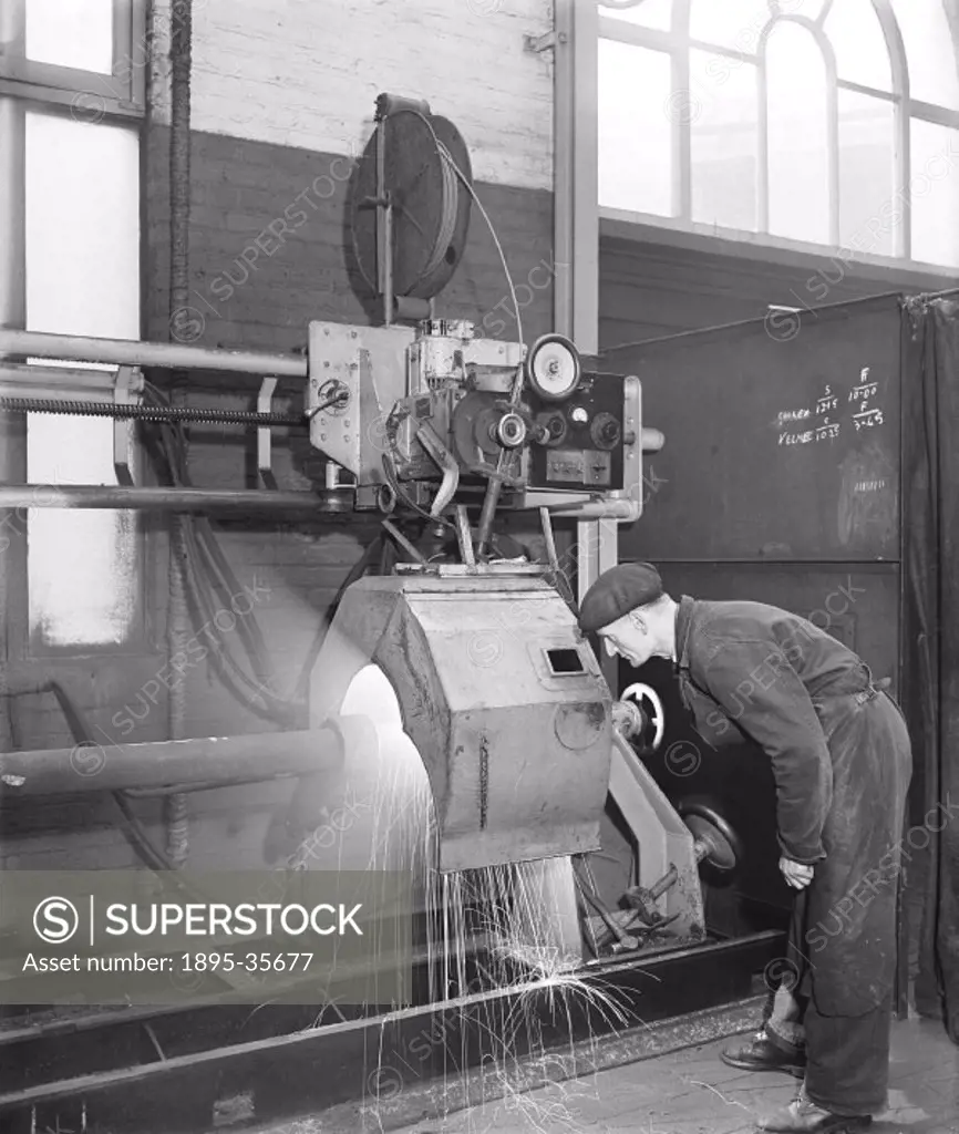 Worker at Stratford works, 10 March 1955. Stratford works opened in 1847 and built carriages and locomotives for the Great Eastern Railway, and later ...