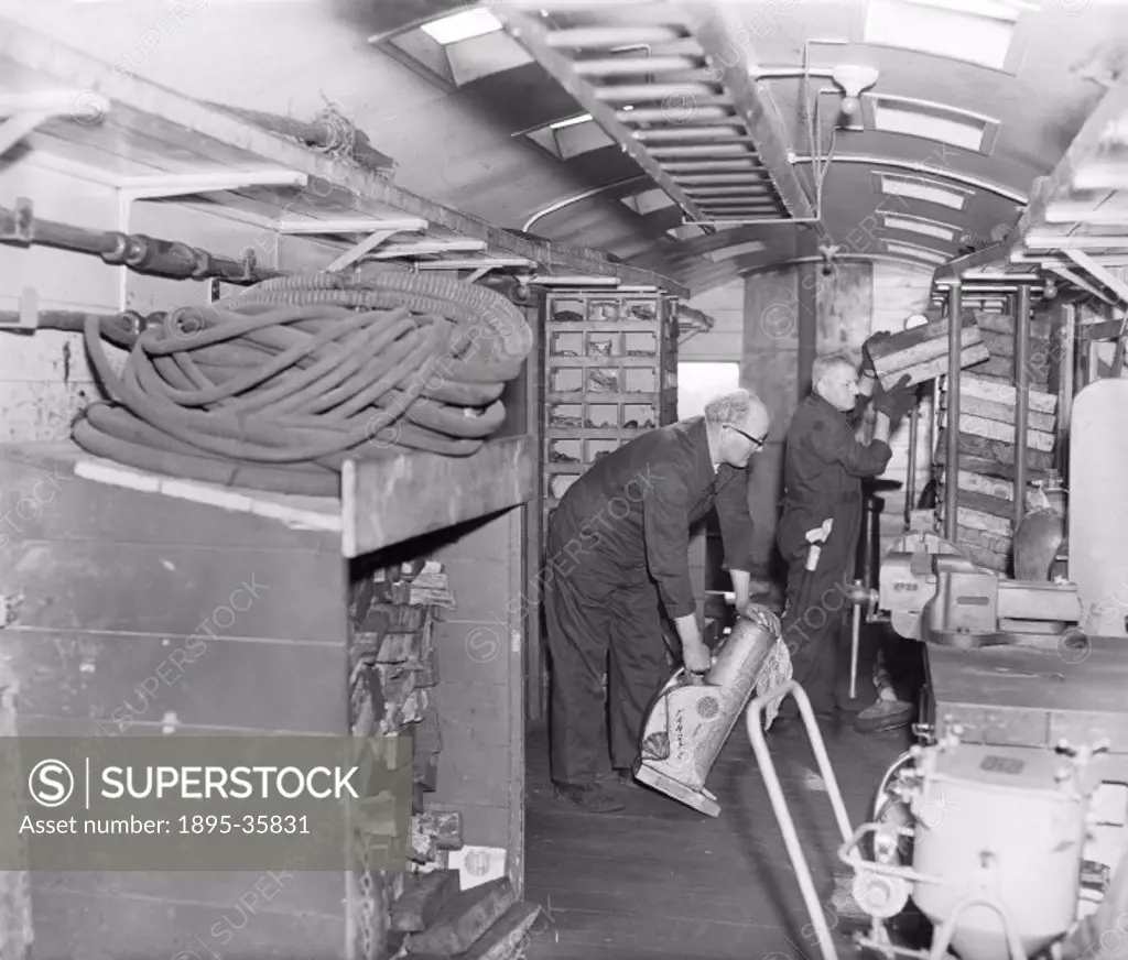 Inside a breakdown train at Stratford works, London, 11 September 1963. This train was taken to accident scenes along the line. The carriage contained...