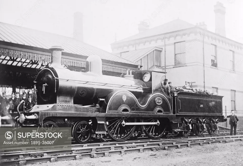 4-4-0 locomotive number 1093 at a Lancashire & Yorkshire Railway station, about 1880. This locomotive was built at Crewe works. Locomotives had develo...