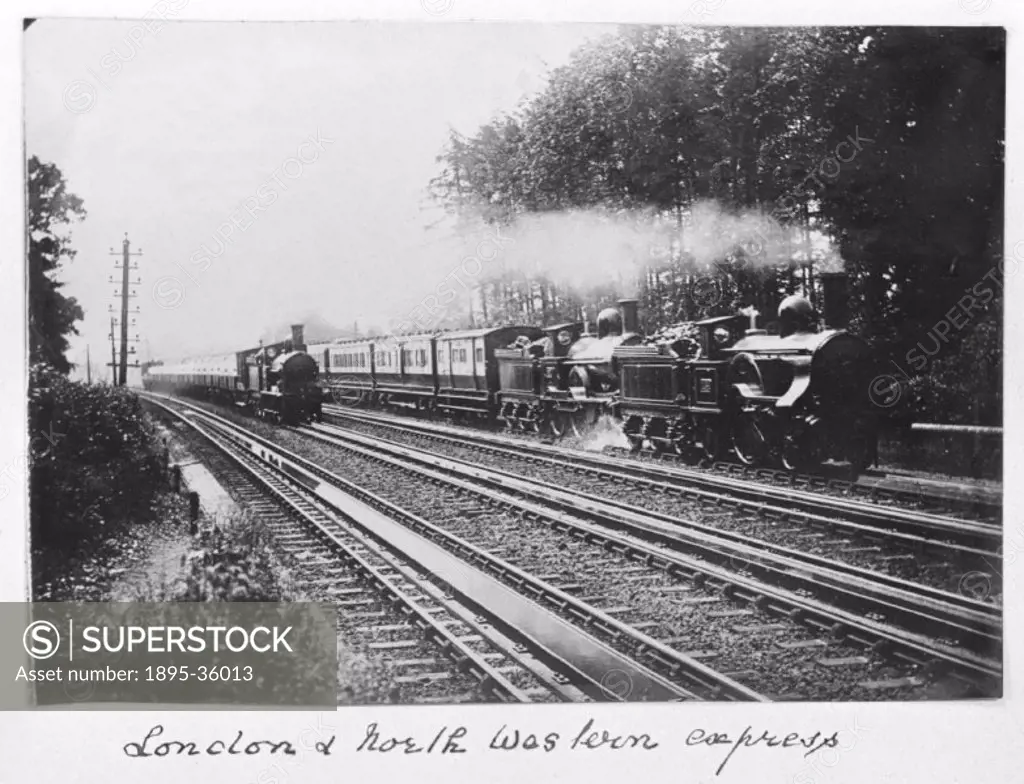 London & North Western Railway Express train, pulled by two locomotives, about 1890. Two locomotives are being used because extra power was needed to ...