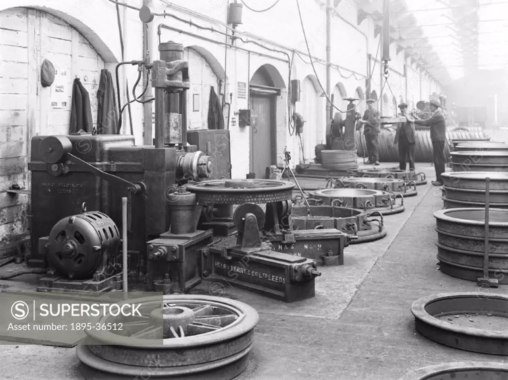 Wheel shop at Earlestown wagon works, 22 November 1927. This was where the wheels for locomotives or carriages were made.   Steam locomotive wheels ha...