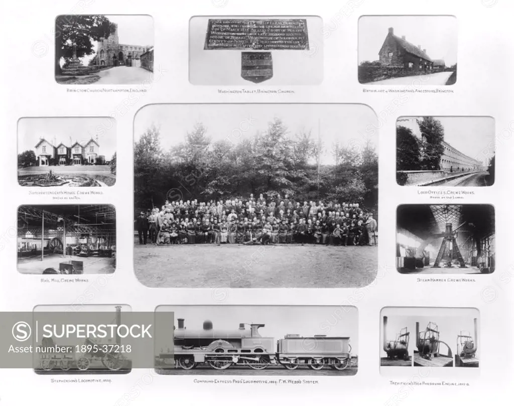 Montage showing developments in the history of the railways, 1875. The picture shows locomotives, Crewe works, and a photograph of American engineers....