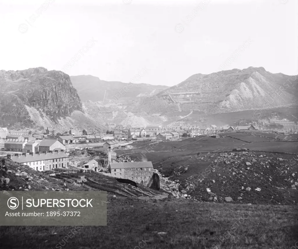 View of Blaenau Ffestiniog, about 1910. The town is famous for its narrow gauge railway which carried slate from the mines to the port of Portmadog.  ...