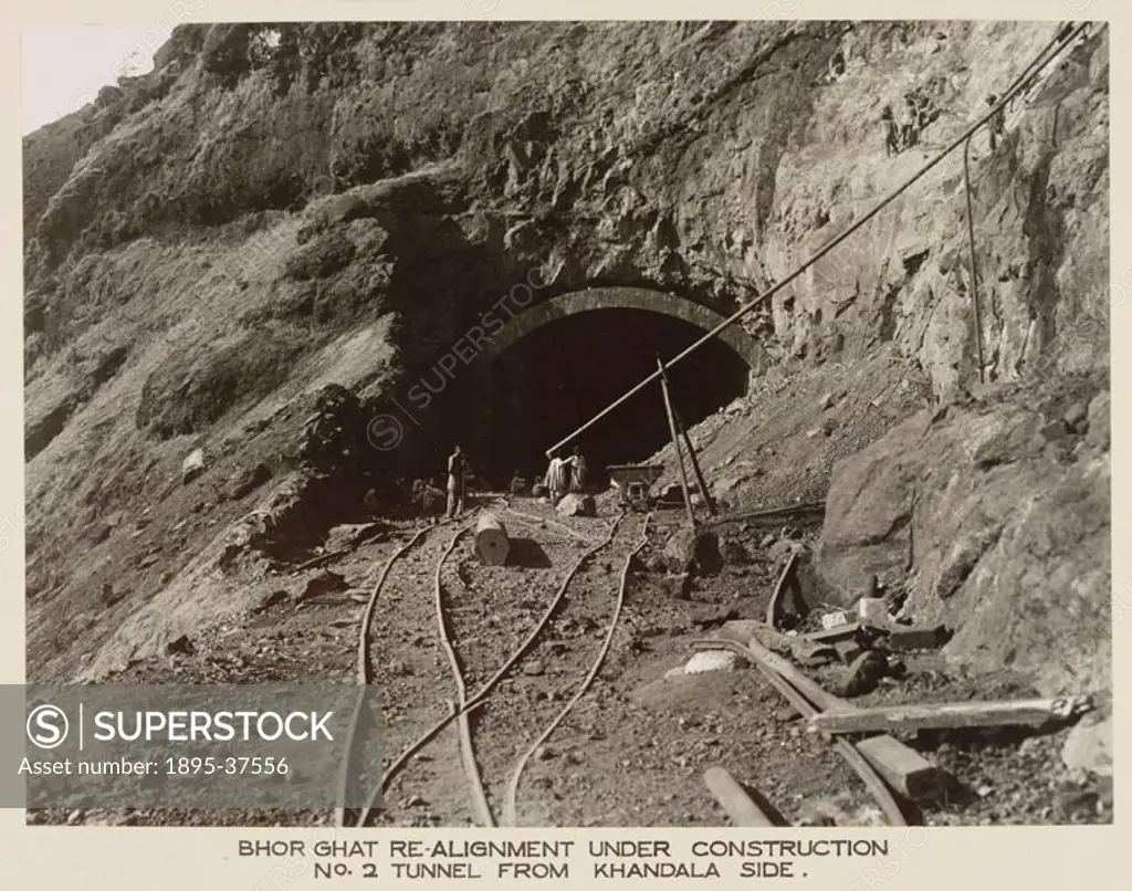 Bhor Ghat re-alignment under construction, Tunnel number 2 from the Khandala side. A scene during the rebuilding of the Great Indian Peninsula Railway...