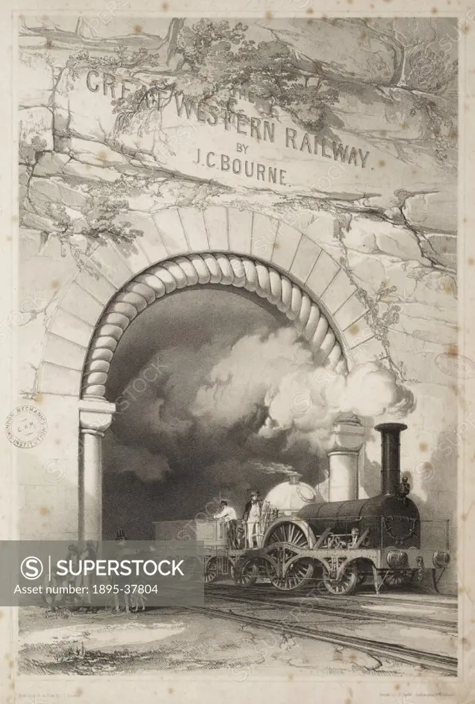 2-2-2 Great Western Railway locomotive emerging from a tunnel, by John Bourne, 1845. This drawing is the frontispiece to a book of illustrations of th...