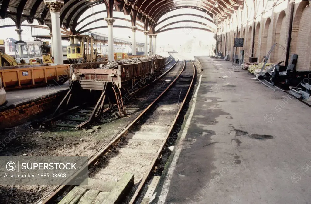 Platforms 4 and 5 in York station, by Chris Hogg, 23 March 1988. The station is being refurbished and the layout changed.  York station was rebuilt as...