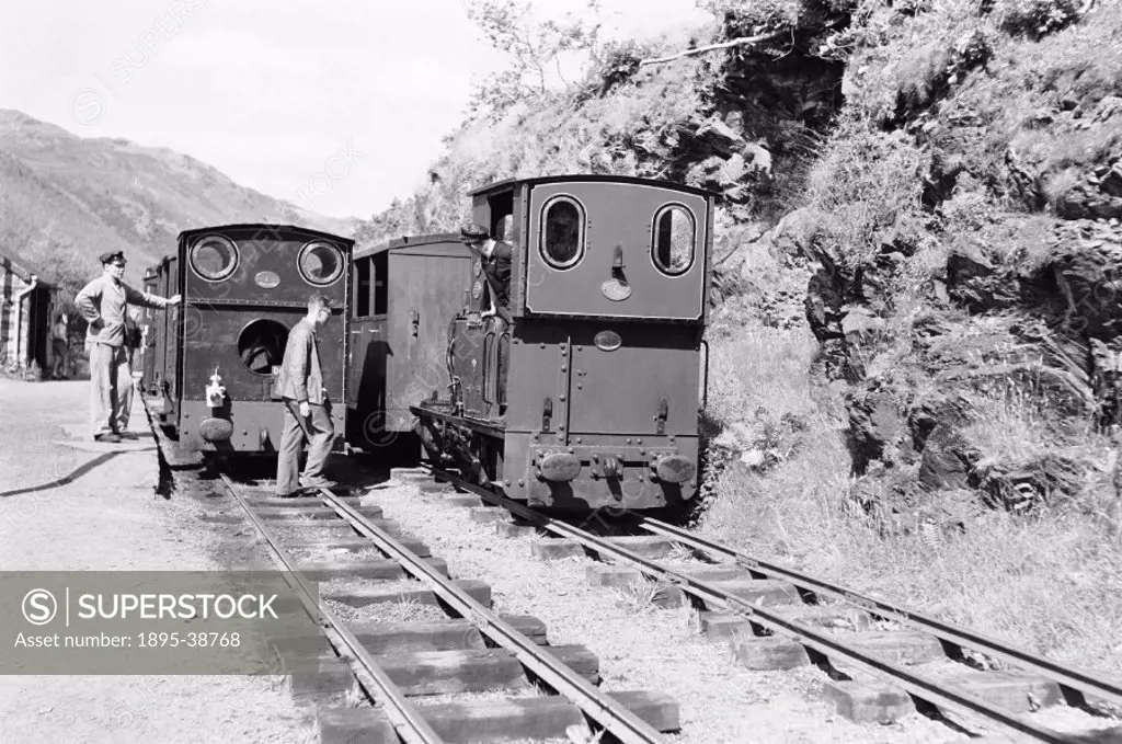 Locomotives at Abergynolwyn, Gwynedd, on the Talyllyn Railway, by J G Click, 1958.  This narrow gauge railway was built in 1864 to carry slate 7 miles...