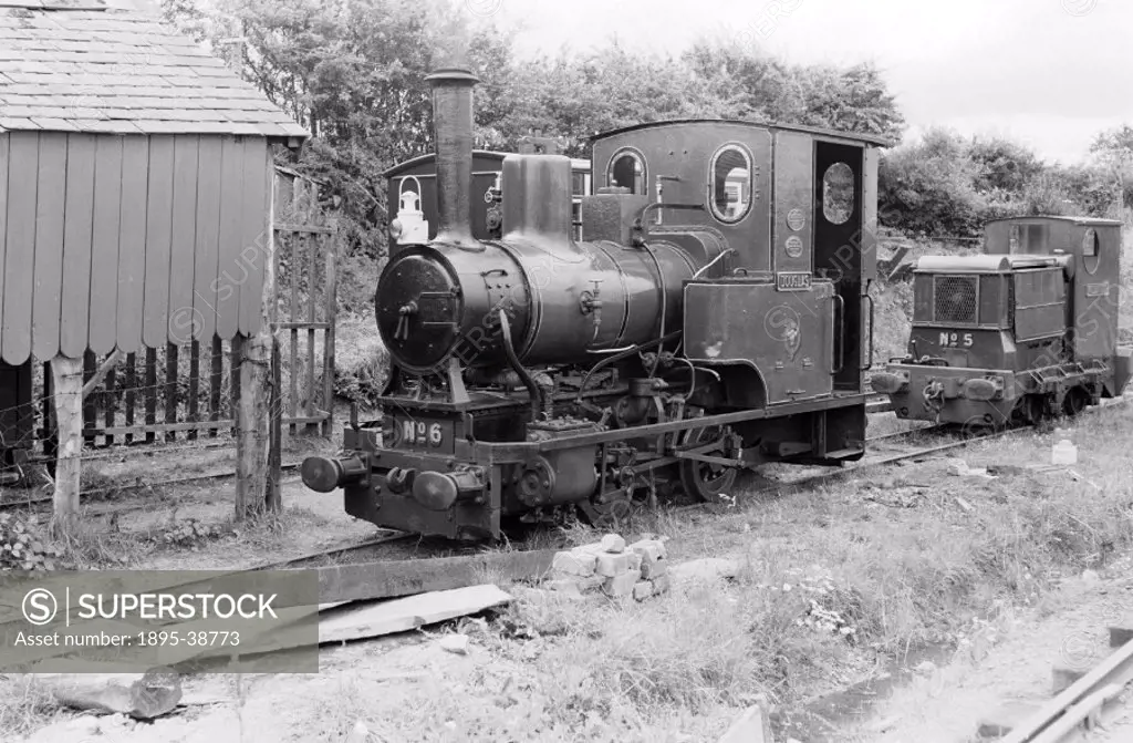 0-4-0T locomotives number 6 ´Douglas´ and 5 at Towyn Pendre on the Talyllyn Railway, Gwynedd, by J G Click, 1958.  This narrow gauge railway was built...