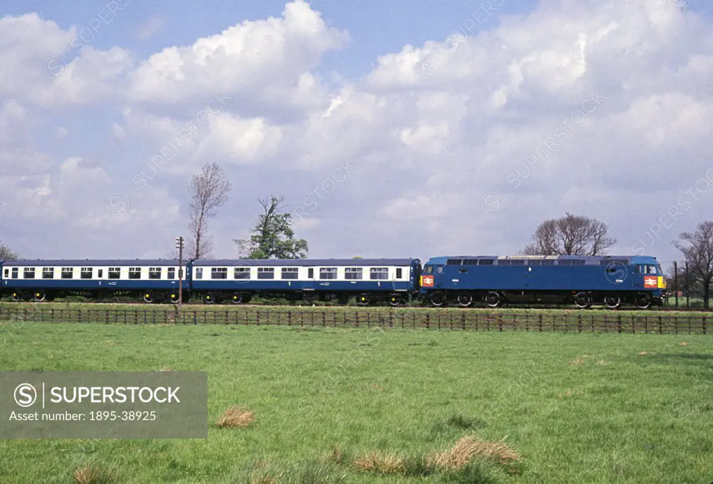 Passenger train, pulled by a diesel locomotive number D1733 close to Derby, 1964.  The British Railways modernisation plan, published in 1955, provide...