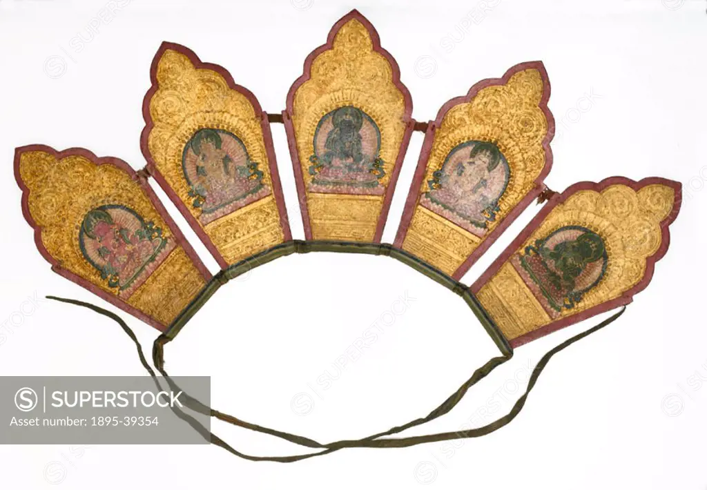 Lacquered wooden crown worn by a Tibetan Buddhist priest or monk.