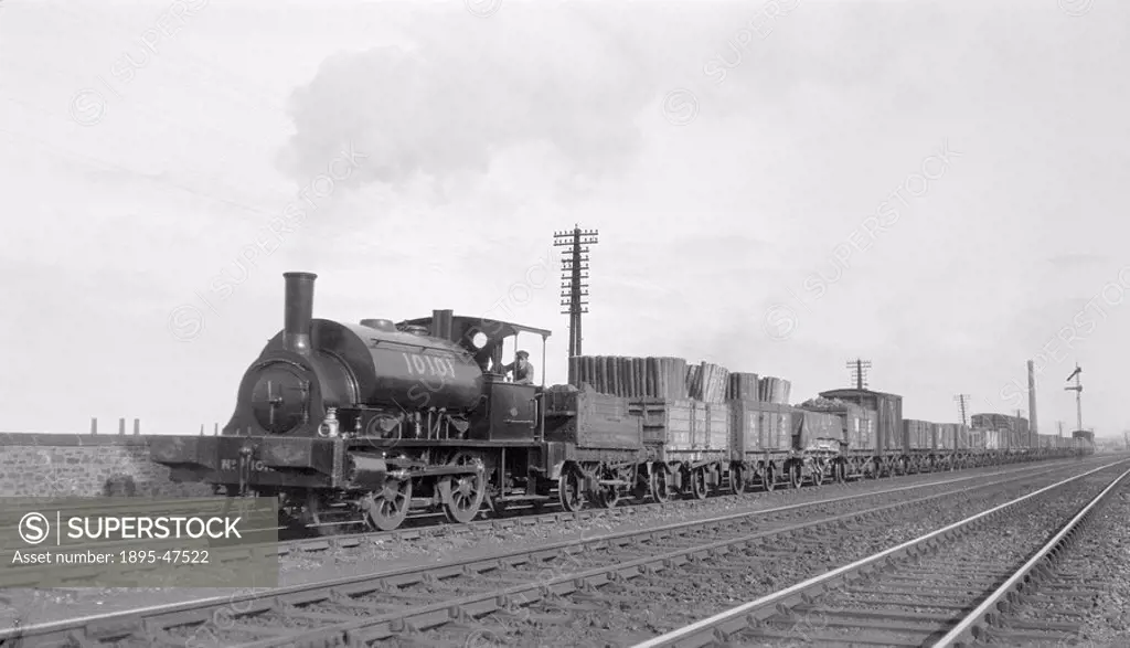 NBR steam locomotive hauling freight, c 1900s North British Railway 0-4-0ST, locomotive number 10101 with freight wagons containing timber  The North ...