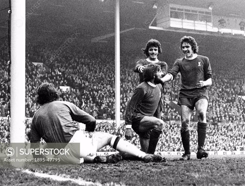 Liverpool v Manchester United, 1970s Kevin Keegan and Alan Waddle congratulate Steve Heighway after his goal against Manchester United 