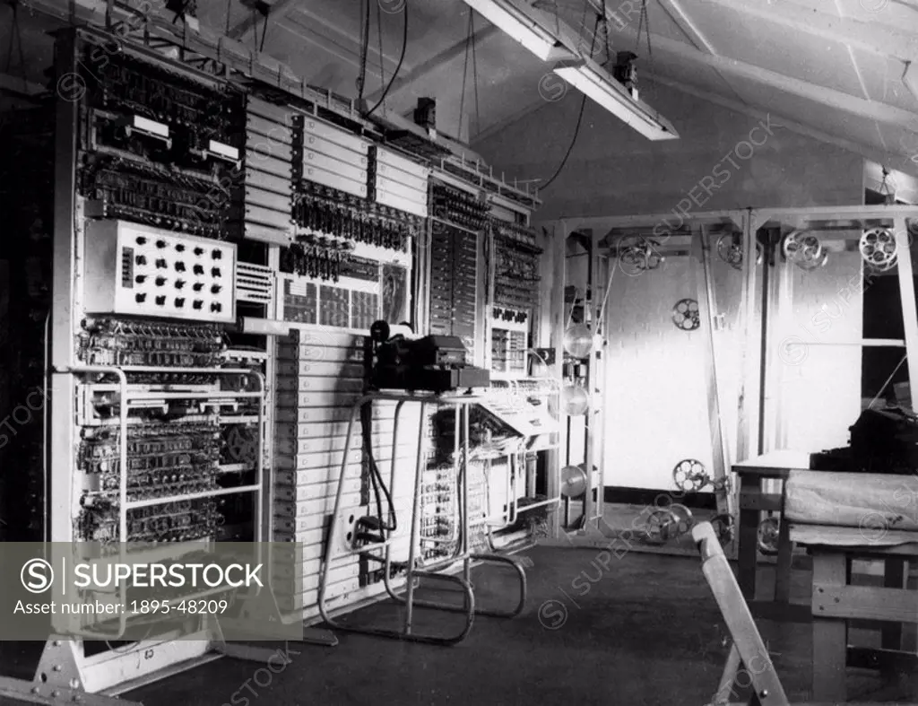 The ´Colossus´ mark II computer, Bletchley Park, 1943. This shows control panels of Colossus, the world´s first electronic programmable computer, at B...