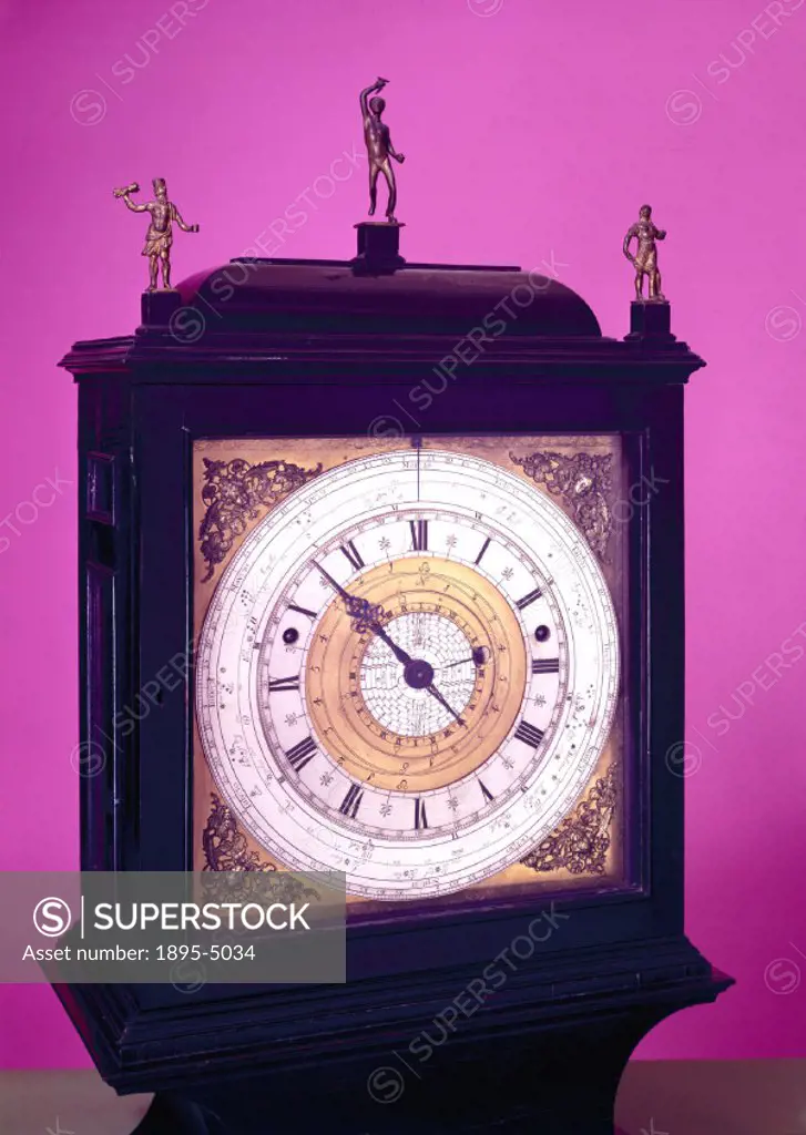 Detail of clock face. Made by Samuel Watson (1635-1710), London, this is the earliest English astronomical clock in which the sun is fixed, according ...