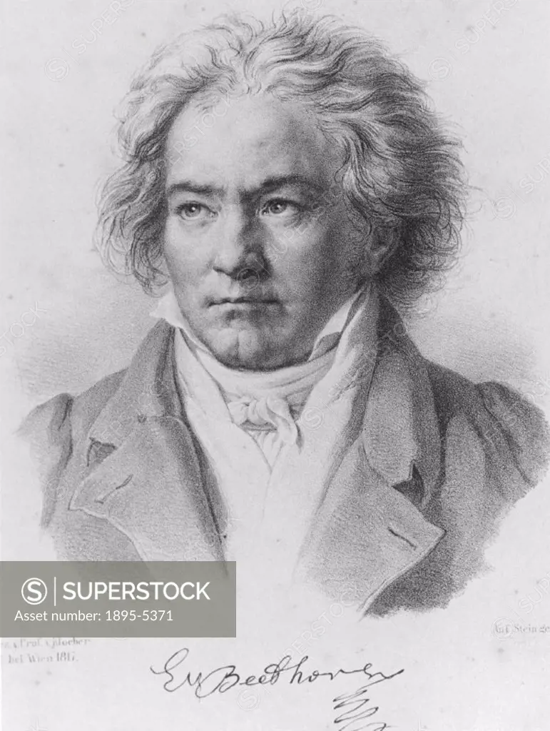 Portrait of Ludwig van Beethoven (1770-1827) with his signature. Beethoven was born in Bonn, Germany and made his first appearance playing the piano i...