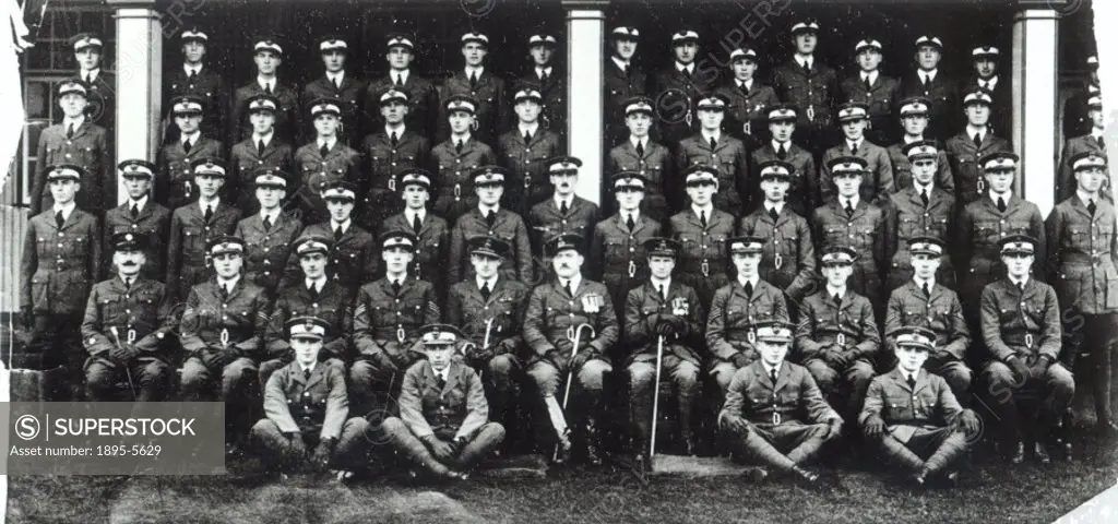 Group Captain Frank Whittle (1907-1996), inventor of the jet engine, 1926 is featured (squatting right) in group taken at RAf Cranwell in Lincolnshir...