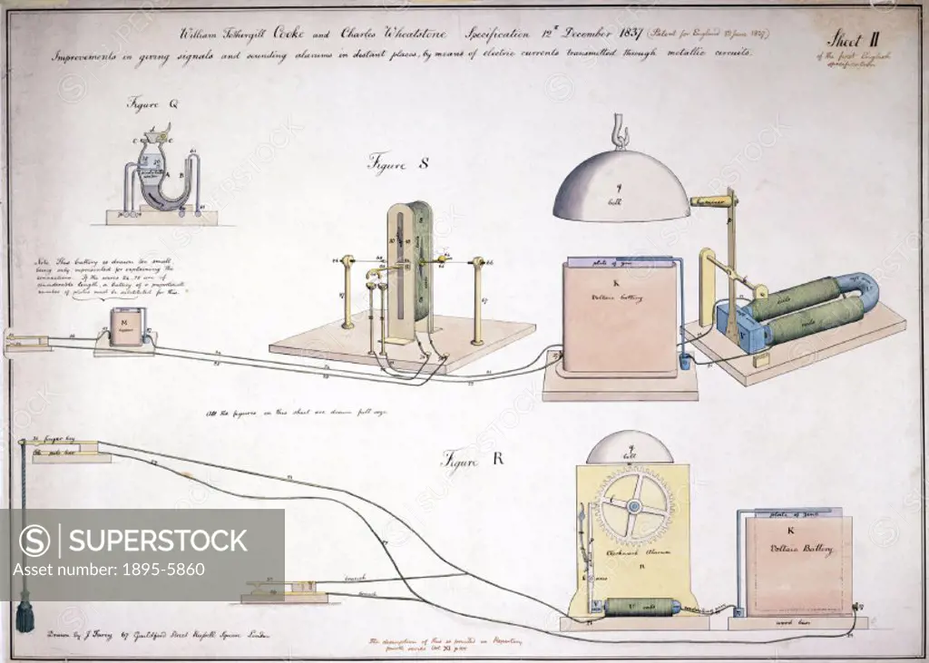 Drawing by John Farey. The five-needle telegraph, patented by Charles Wheatstone (1802-1875) and William Fothergill Cooke (1806-1879) in 1837, was the...