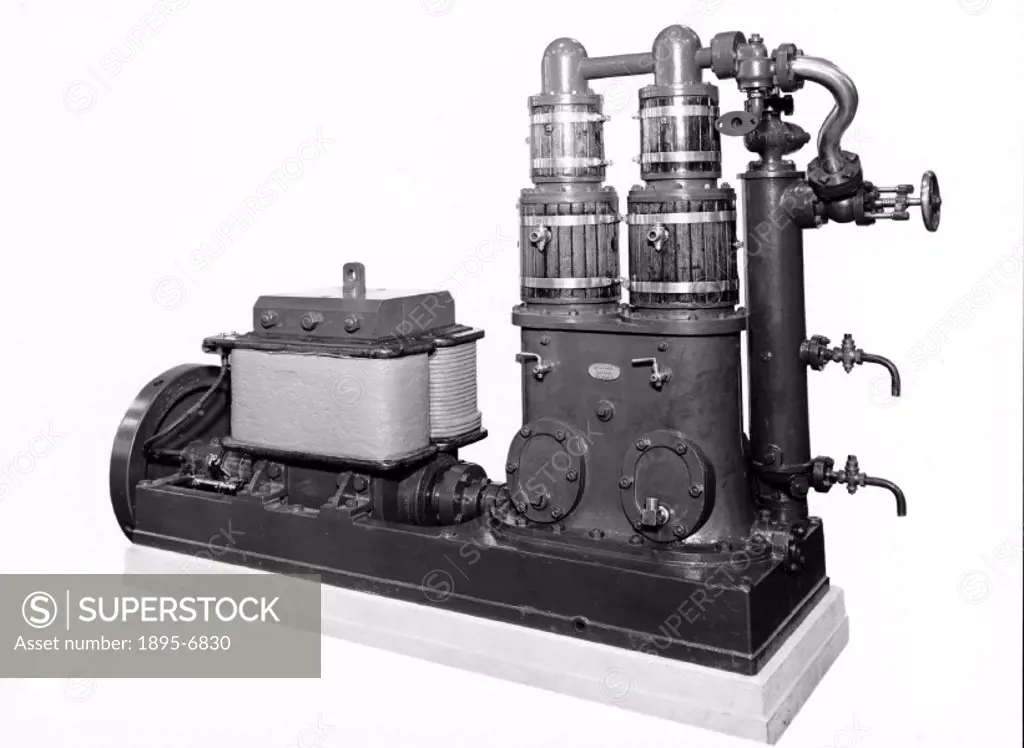 Willans central-valve twin tandem-compound high-speed steam engine no 662, made by Willans and Robinson, with 9.6 kw Siemens dynamo, both mounted on c...