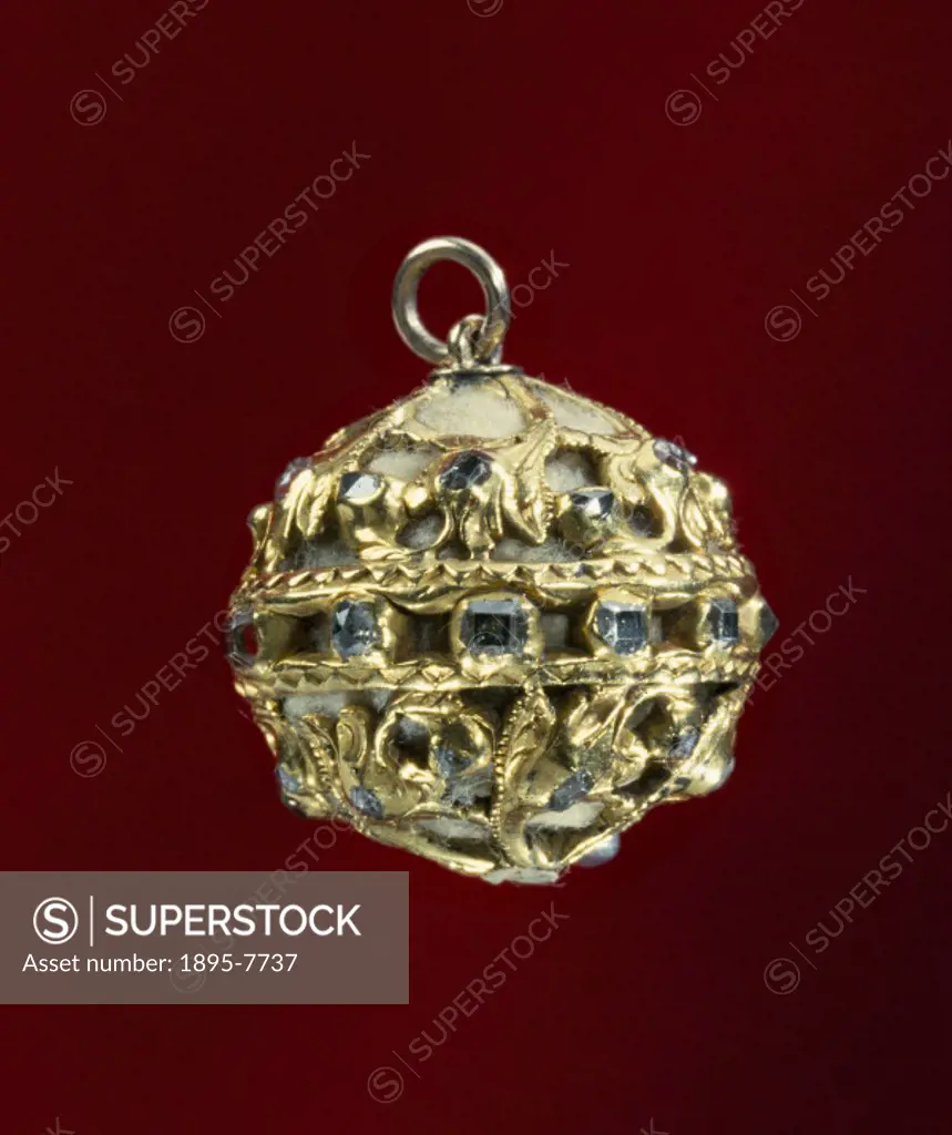 A gold pomander set with 33 cut diamonds. Pomanders were filled with mixed aromatic substances such as scented petals and herbs. It was thought that t...