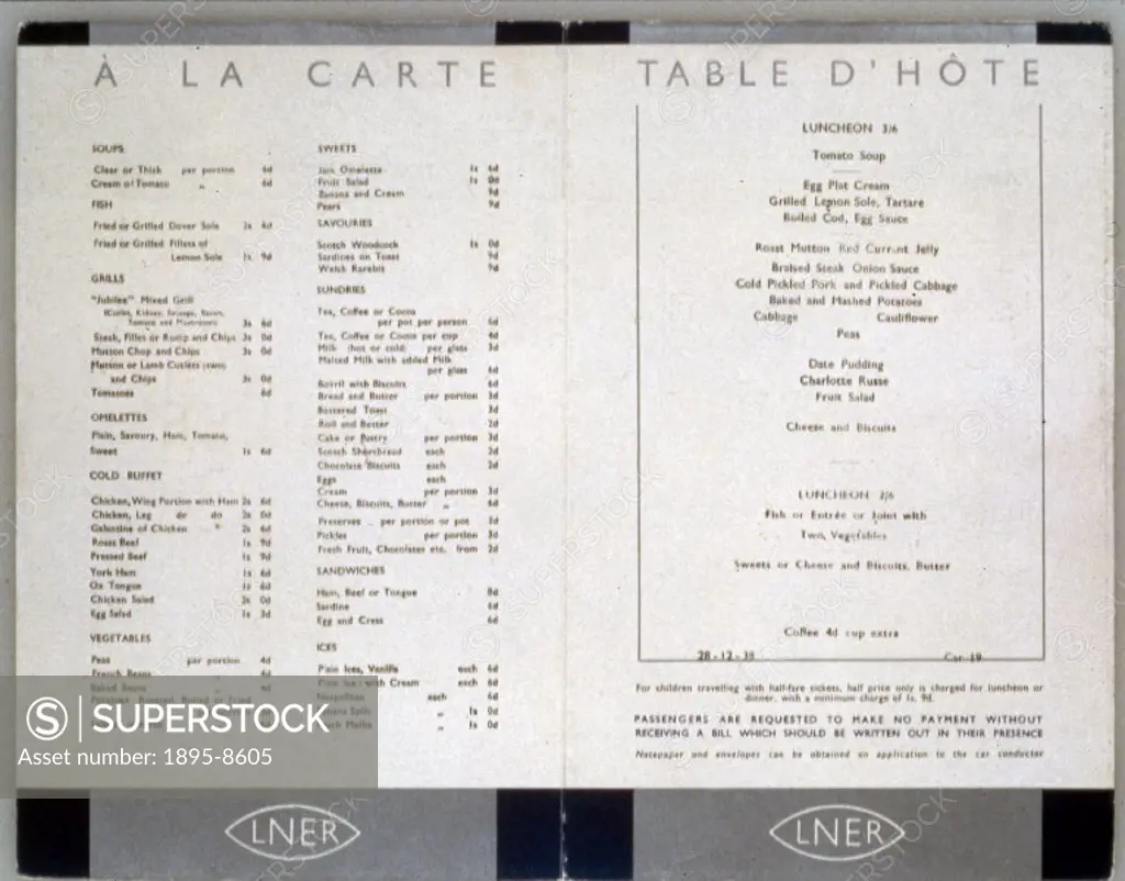 London North Eastern Railway (LNER) A la carte menu, 28 December 1938.