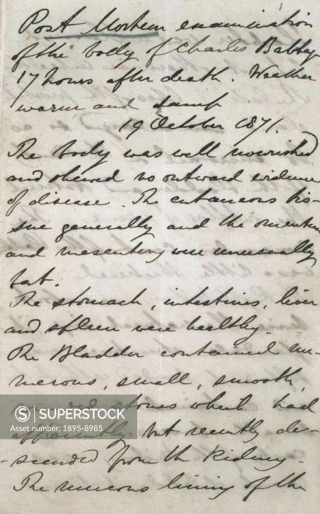 Post-mortem report for Charles Babbage (1791- 1871), the pioneer of machine computing. One of six pages. Babbage was a computer pioneer, inventor, ref...