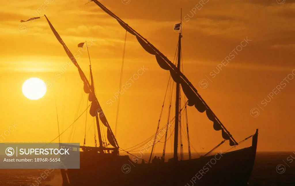 Silhouette of the life_size replica of Diaz´s caravel. Bartholomew Diaz Museum Complex, Mossel Bay. Western Cape Province, South Africa