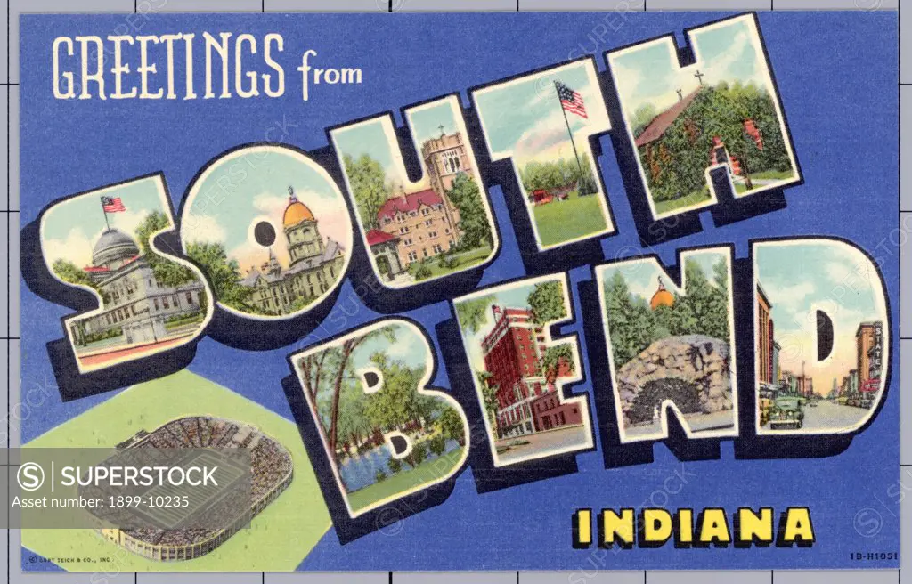 Greeting Card from South Bend, Indiana. ca. 1941, South Bend, Indiana, USA, S-Court House: O-Main Building, University of Notre Dame: U-St. Mary's College: T-Scene in Pottawatomi Park: H-Log Chapel, University of Notre Dame: B-Leeper Park and Bridge along St. Joseph River: E-Hotel Hoffmann: N-The Grotto, Notre Dame University: D-Michigan Street 