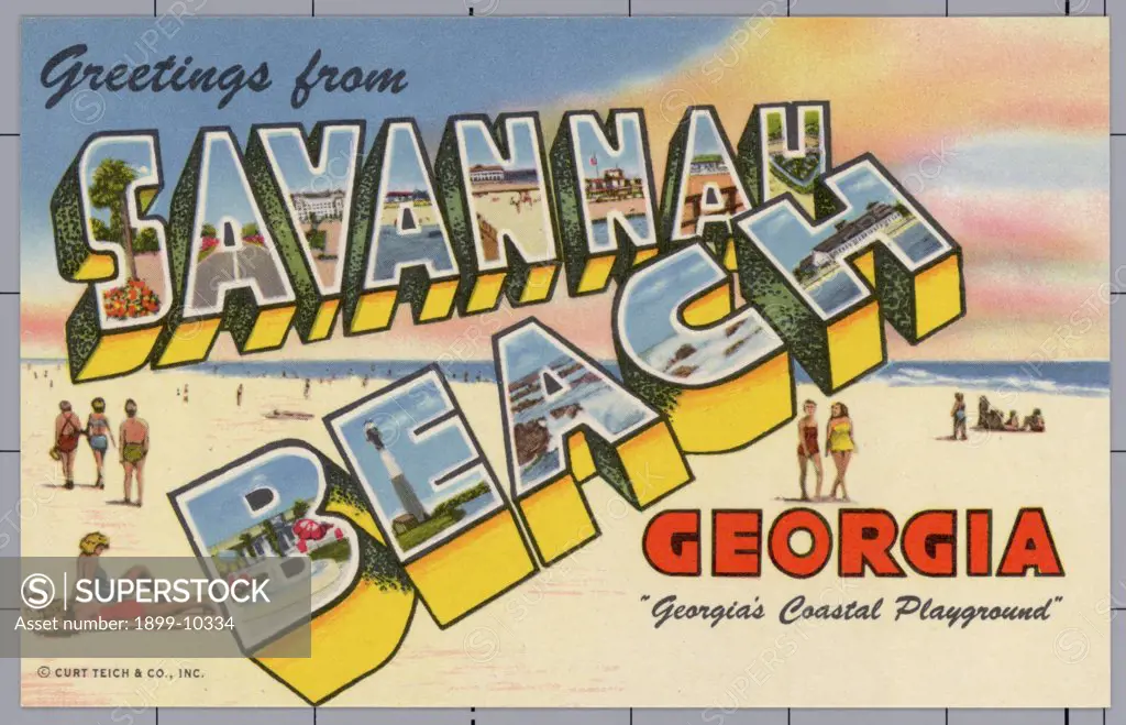 Postcard of Savannah Beach, Georgia. ca. 1951, Savannah Beach on Tybee Island is located 18 miles east of Savannah, Ga. It is a popular coastal playground and summer resort on the Atlantic Ocean, where swimming, fishing, boating and a number of other outdoor sports are enjoyed. 