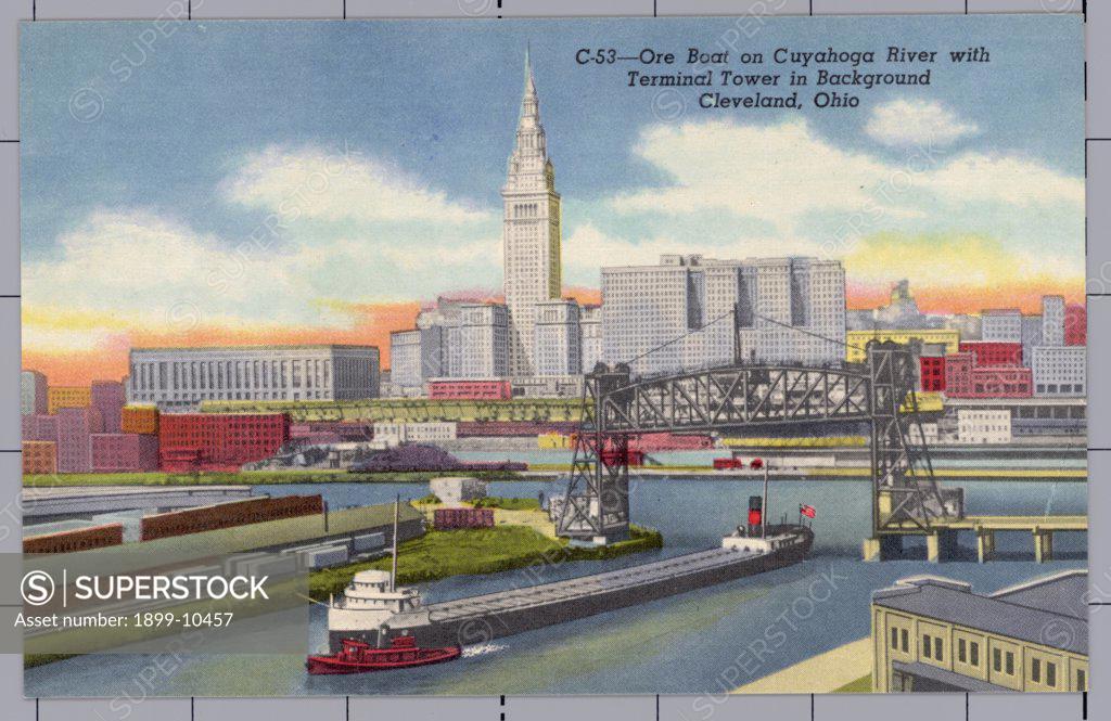 Cuyahoga River and City Skyline. ca. 1952, Cleveland, Ohio, USA, C-53 ...