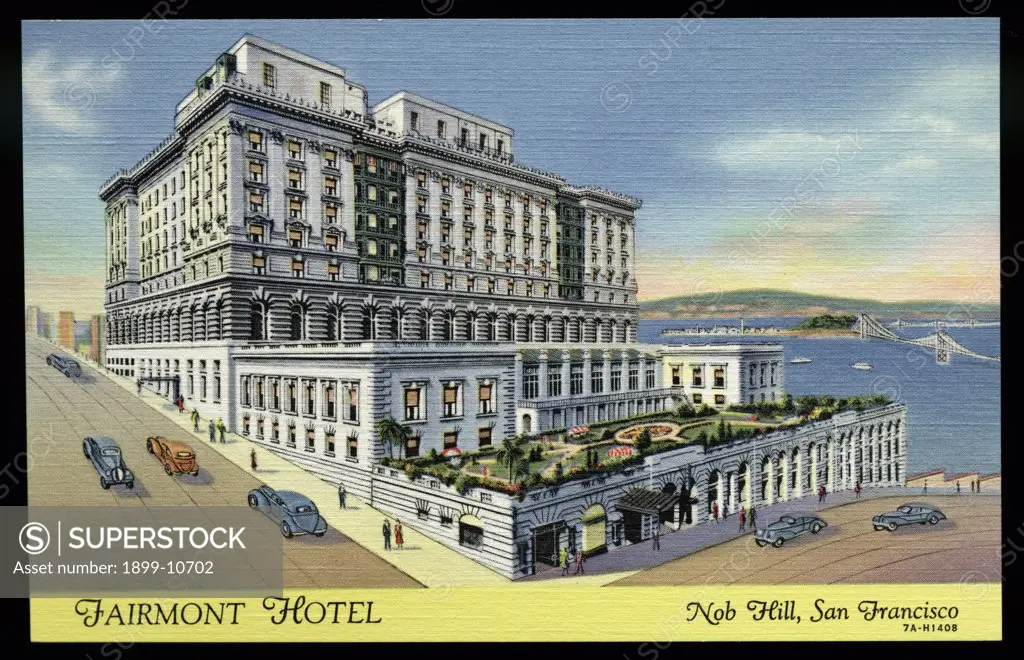 Fairmont Hotel on Nob Hill. ca. 1937, San Francisco, California, USA, FAIRMONT HOTEL. Atop Nob Hill. Overlooking San Francisco, The Bay Bridges, and The Great Golden Gate International Exposition of 1939. 