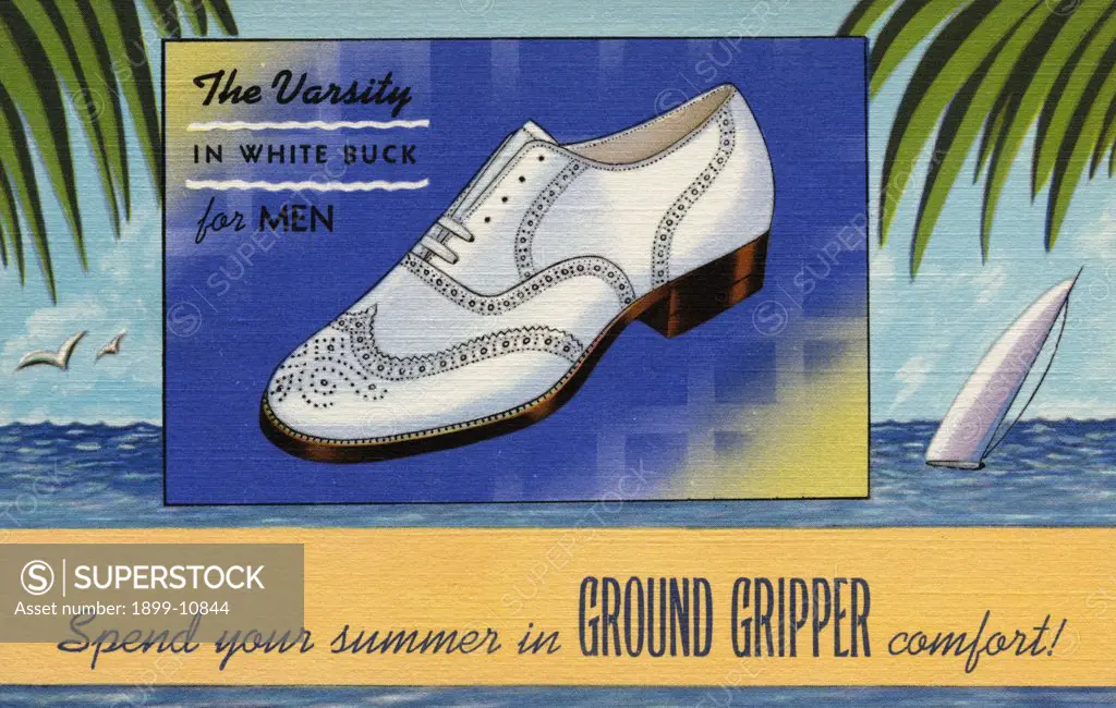 Advertisement for Grounder Gripper Shoes. ca. 1939, Our new stock of MEN'S white shoes has arrived. This season we are carrying a wide run of sizes because of customer demand for white buck Ground Grippers. Stop in soonor, if you are too busy, order by mail or phone as we have a record of your size. GORDON SHOE COMPANY, 1425 GRISWOLD ST. Phone RANDOLPH 7716, DETROIT, MICH. BETWEEN GRAND RIVER AND CLIFFORD. You can't wear out Ground Gripper comfort 