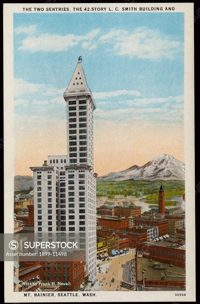Postcard of L.C. Smith Building in Seattle. ca. 1914, THE TWO SENTRIES, THE 42-STORY L.C. SMITH BUILDING AND MT. RAINIER, SEATTLE, WASH. VISIT THE 42-STORY L.C. SMITH BUILDING. The highest and finest and most representative Office Building in the world outside of New York City. Its wonderful Observatory-Chinese Room with hand-carved teak finish and furnishings-replicas of tables from famous Chinese Temples-Bronze Lanterns and gorgeous Oriental Furnishings, are marvels as points of interest to ev