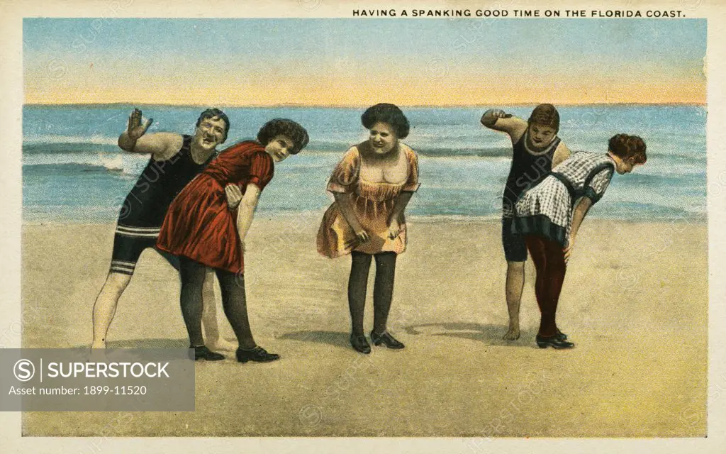 Postcard of Women Being Spanked at the Beach. ca. 1916, HAVING A SPANKING  GOOD TIME ON THE FLORIDA COAST. - SuperStock