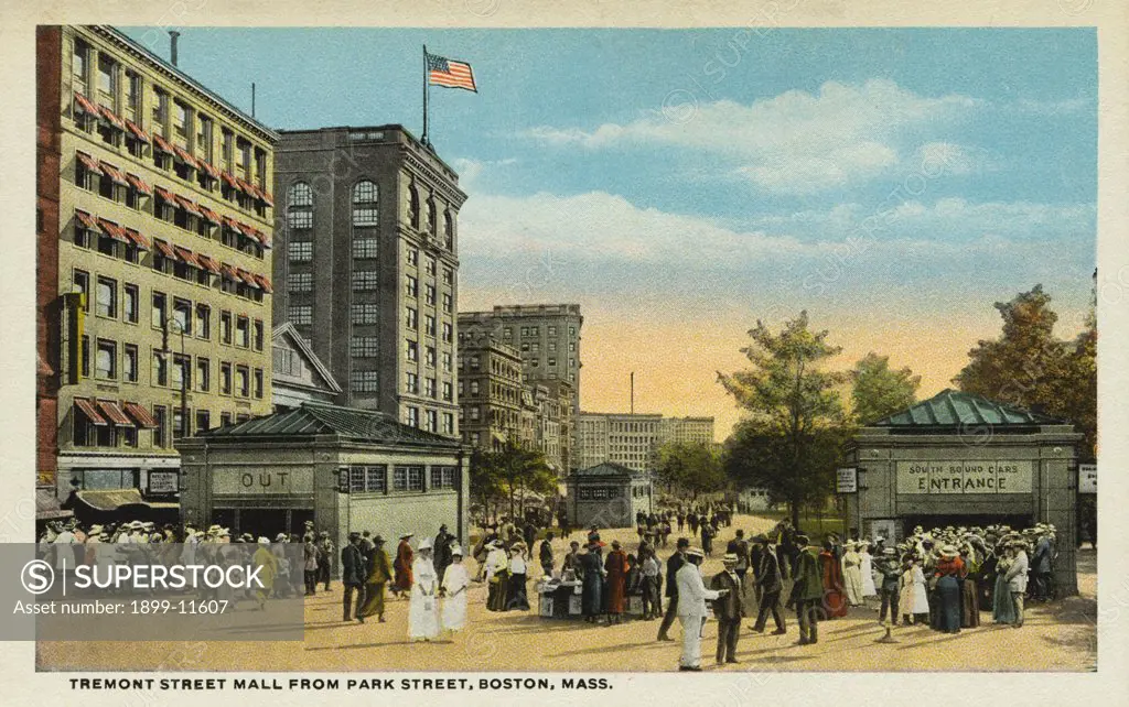 Postcard of Tremont Street Mall. ca. 1916, Tremont Street Mall from Park Street, Boston, Mass. 