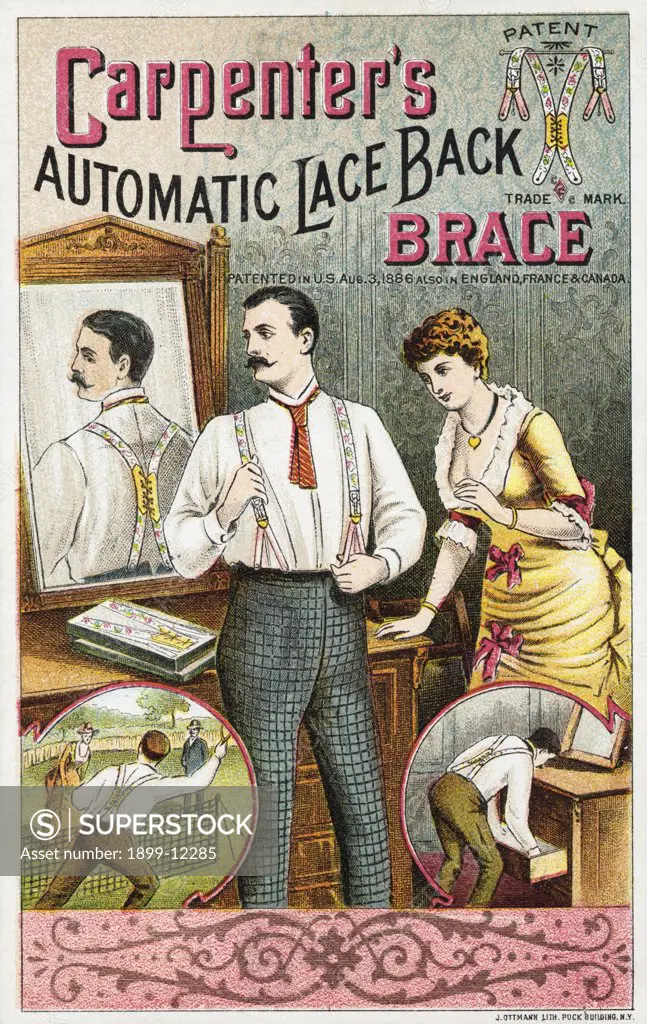 Carpenter's Automatic Lace Back Brace Trade Card. ca. 1880-1920,  Carpenter's Automatic Lace Back Brace Trade Card - SuperStock